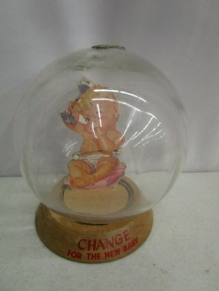 Vintage Vic Moran Change For The Baby Bubble/globe Bank Wood Base