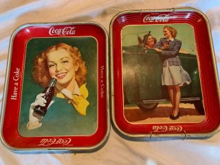 2 Vtg 1939 Coca Cola Advertising Metal Trays Coke 2 Girls And Car