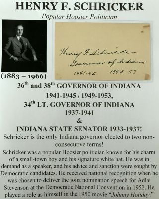 Popular Wwii Era Governor Indiana State Senator Schricker Autograph Signed