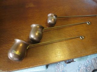 Vintage Set 3 Copper & Brass Measuring Jugs With Long Handles Whisky Rum Brandy