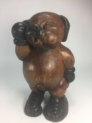 Vintage Hand Carved Painted Solid Wood Anthropomorphic Boxing Pig Figure