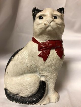 Vintage Cast Iron Bank Cat Bow Seated John Wright C1940s - 50s Black & White W/red