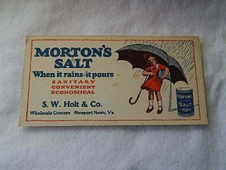 Vintage Morton Salt Blotter - Sw Holt & Co Newport News,  Va - - Rare