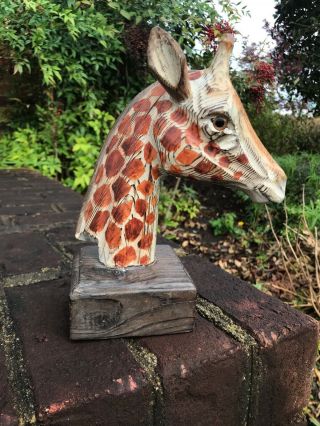 Wooden Table Top Giraffe Head On Pedastal Safari Lifelike Carved