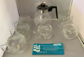 Rare Vintage Nescafe Nestle World Globe Clear Glass Coffee Tea Mug Cup 6oz Set