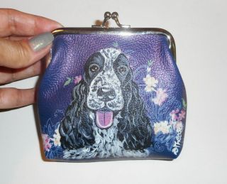 English Cocker Spaniel Dog Hand Painted Leather Blue Coin Purse Mini Wallet