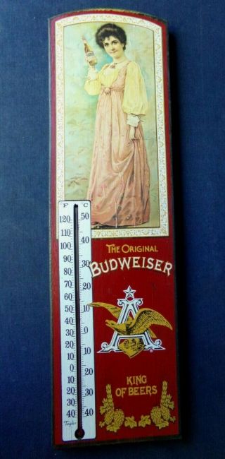 Vintage The Budweiser King Of Beers Wood Sign With Thermometer