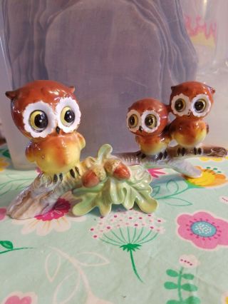 Vintage Norcrest Owl Figurines On Oak Tree Branch With Acorns