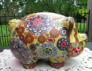 Vintage 60s Mexican Folk Art Painted Pig Pottery Psychedelic Hippie Piggy Bank