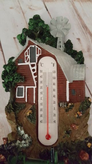 John Deere Tractor Farm Scene Wall Hanging Thermometer Barn Windmill 3