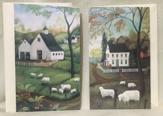 2 Primitive Folk Art Elizabeth Gilkey Card Print House Church Sheep Lamb Barn