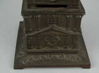 Antique TOWER BANK Cast Iron Figural Building Money Coin Box Still Bank 6