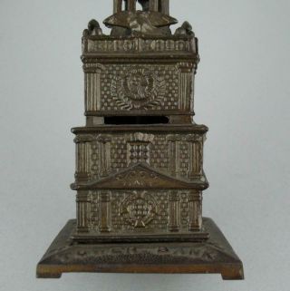 Antique TOWER BANK Cast Iron Figural Building Money Coin Box Still Bank 8
