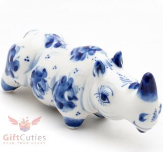 Rhinoceros Gzhel Porcelain Figurine Rhino Handmade