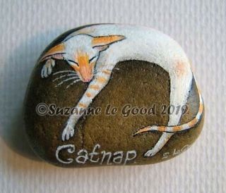 Siamese Cat Art Painting On Stone Pebble Rock & Stand Suzanne Le Good