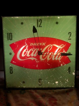 Vintage Coca - Cola Fishtail Pam Wall Clock (1950s) Illuminated