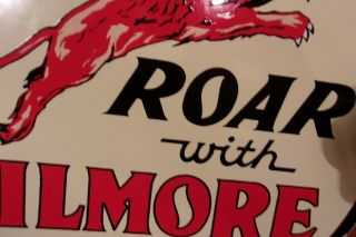 Vintage Roar With Gilmore Porcelain Gas Station Motor Oil Pump Plate Sign
