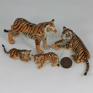 Bengal Tiger Family Set Pottery Statue Wild Animal Miniature Ceramic Figurine