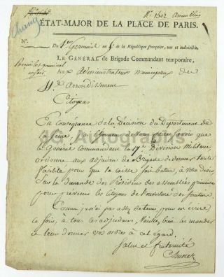 19th Century French Signed Manuscript Document " Etat - Major De La Place De Paris "