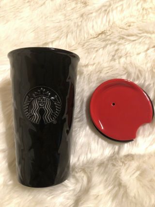 Starbucks Black Quilted Ceramic Tumbler Mug Siren 10 Oz Red Lid Nwot