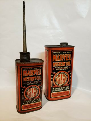 Two Vintage Marvel Mystery Oil Cans York (1920 