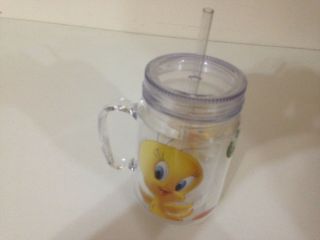 Looney Tunes Tweety Bird Mason Jar Insulated Cold Drink Mug/cup With Straw S13