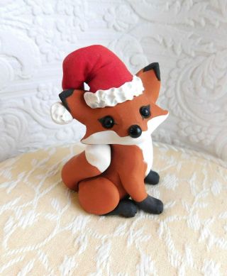 Cute Fox Christmas Santa Hat Polymer Clay Sculpture By Raquel Thewrc Ooak