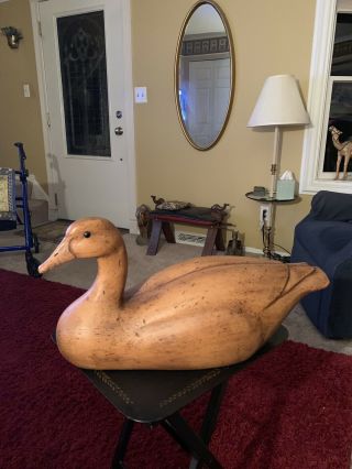 Vintage Large Wooden Hand Carved Duck With Felt Bottom 22 "