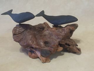 Vintage John Perry Gray Whale Duo Sculpture On Burlwood