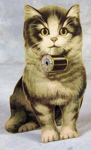 Antique 1922 Die Cut Cat Trade Card Corticelli Kittenhead Silk Thread