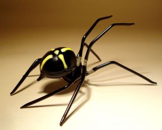 Blown Glass Figurine Art Insect Black With Yellow Cross Spider
