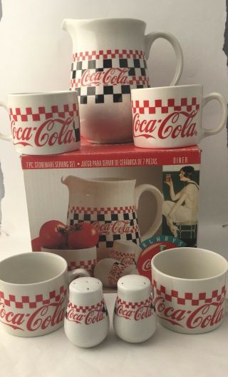Coca Cola 7 Piece Stoneware Serving Pitcher 4 Large Mugs Salt & Pepper Shakers
