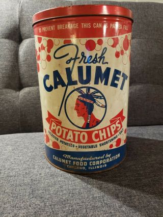 Vintage Calumet Potato Chip Tall 12 " Empty Can W/indian Rare