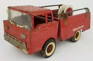 Vintage Structo Red Pressed Steel Fire Department Truck Toy 12 Inches Long Rusty