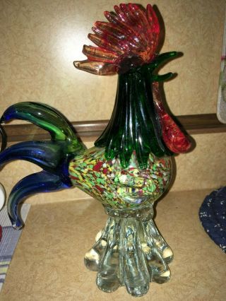 Multi Colored Confetti Murano Art Glass Rooster Chicken 10 " Tall Figurine Pre - O