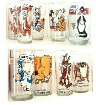 9 Vintage Cartoon Glasses,  Disney & Warner Bros,  Pepsi /arby 