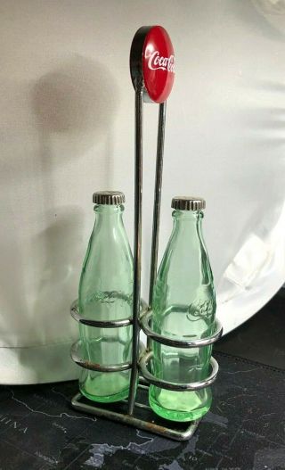 Coca - Cola Green Glass Salt & Pepper Shakers With Rack