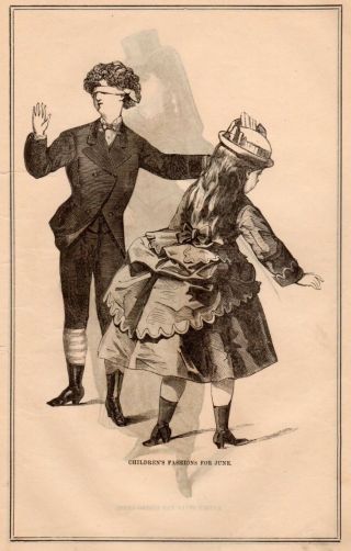 Antique Victorian Art Print Fashion Children Boy Girl Plays Hide Seek June 1875