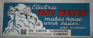 1940s United Illuminating Co.  Reddy Kilowatt Electric Hot Water Cardboard Sign
