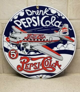 Ande Rooney Pepsi Cola Porcelain Sign Thick Heavy,  Brass Grommets Airplane Round