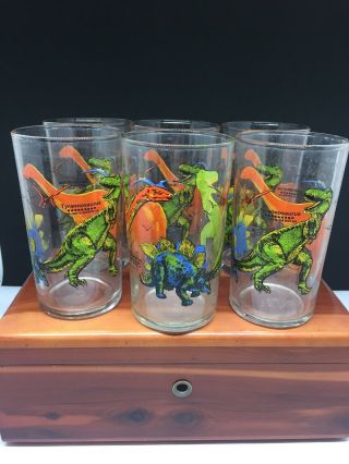 Vintage Dinosaur Set Of 6 Juice Glasses Brontosaurus /stegosaurus /t - Rex 4.  25 " H