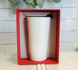 Starbucks White Silver Lid Ceramic Studded Travel Mug Cup Mermaid Logo InBox 2