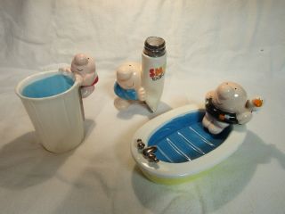 Ziggy Bathroom Set,  Toothbrush Holder,  Cup,  & Soap Dish.  Earthen Ware 1982