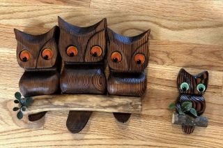 Vintage Mid Century Owl Family Art Hand Carved Wood Retro Wall Hanging Owls