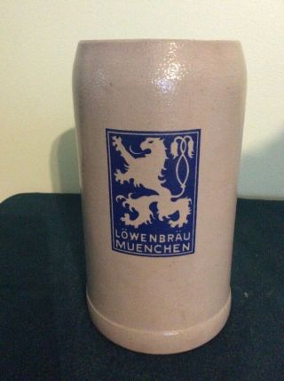 Lowenbrau Muenchen 1 Litre Beer Mug Stein Salt Glazed Stoneware Germany 1970s