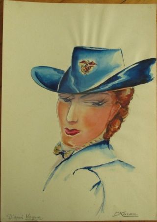 Fashion Hand - Painted 1937 Artwork: Woman In A Blue Hat