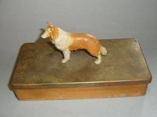 Vintage Cigarette Box With Cast Iron Collie And Brass Top