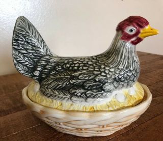 Vintage Ceramic Hen On A Nest With Eggs Bowl Dish Lid
