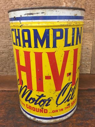 Vintage Champlin Hi V I Motor Oil 5 Quart Metal Oil Can - Enid Oklahoma