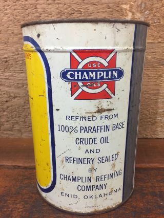 Vintage CHAMPLIN HI V I Motor Oil 5 Quart Metal Oil Can - Enid Oklahoma 3